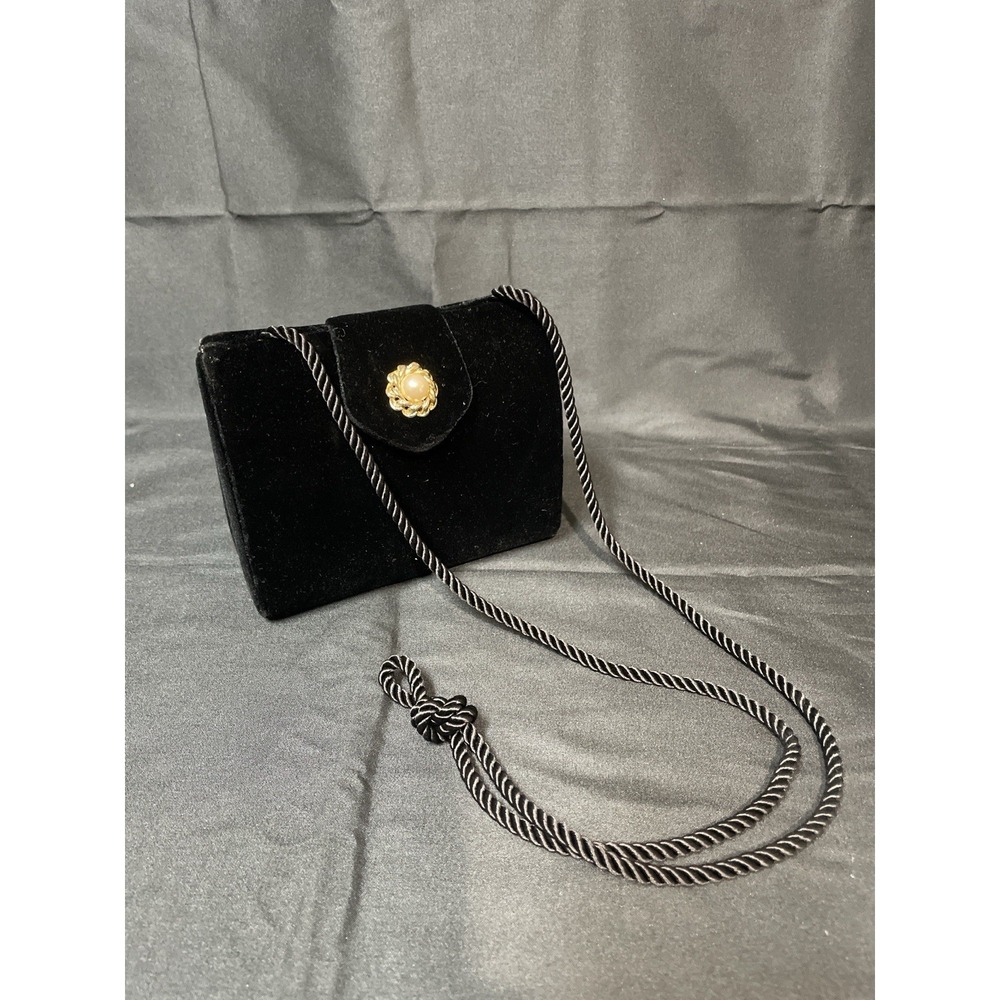 Neiman Marcus Black Velvet Evening Bag Gold Pearl Clasp Purse 6"